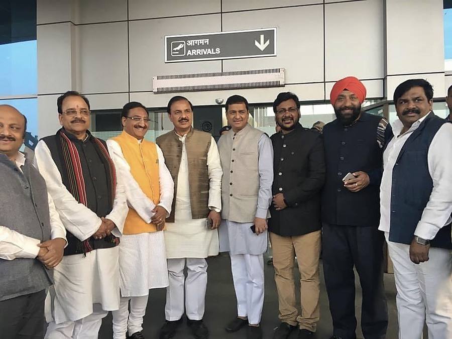 Shadab Shams with Union Ministers and senior party leaders at Dehradun airport arrivals